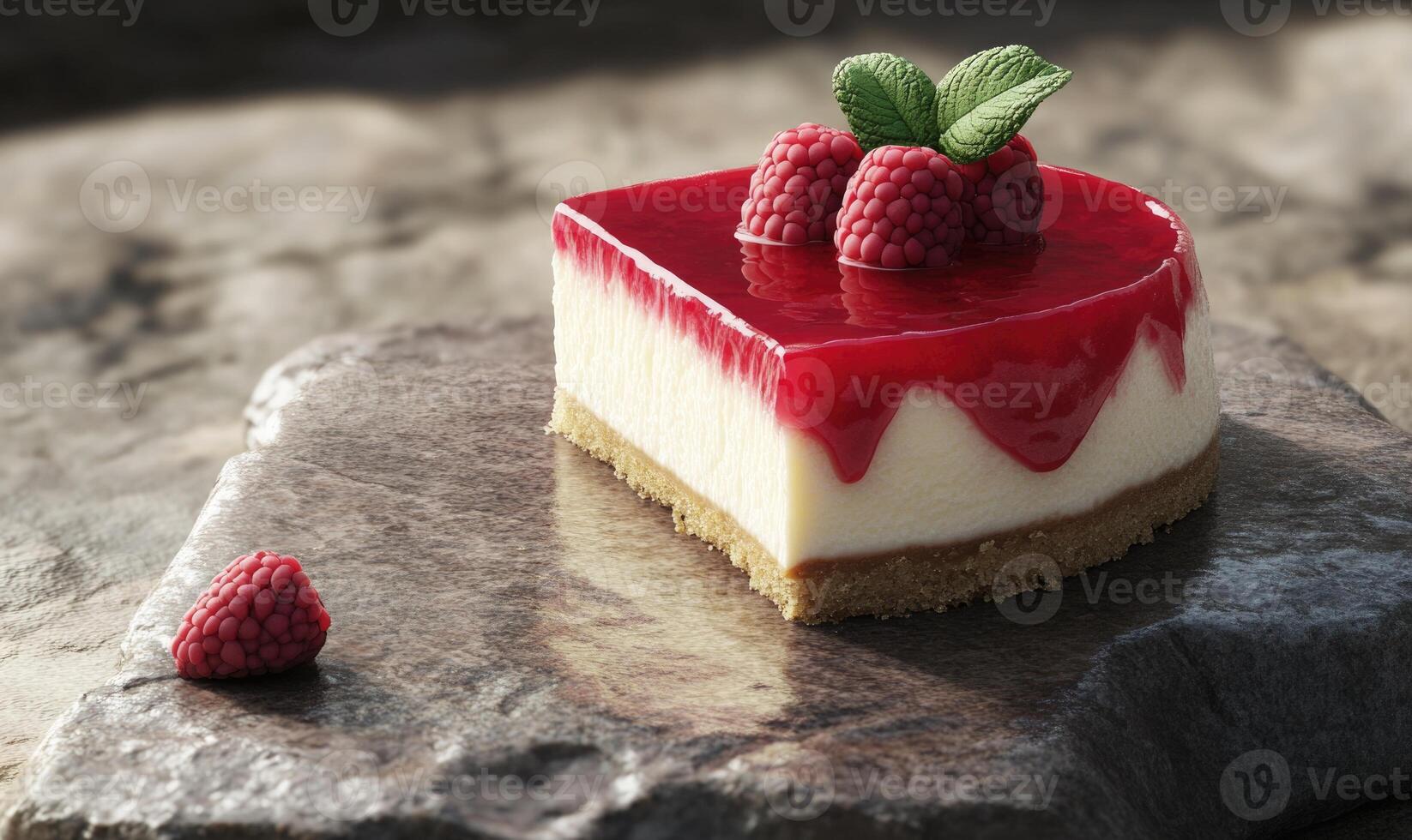 A slice of cheesecake with raspberries on top photo