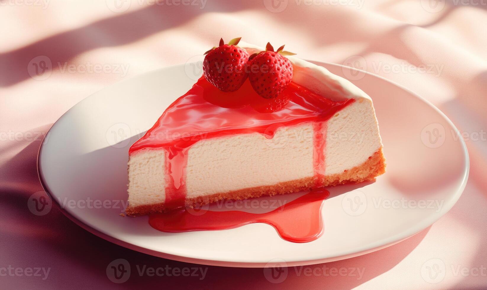 A slice of strawberry cheesecake with a drizzle of sauce on top photo