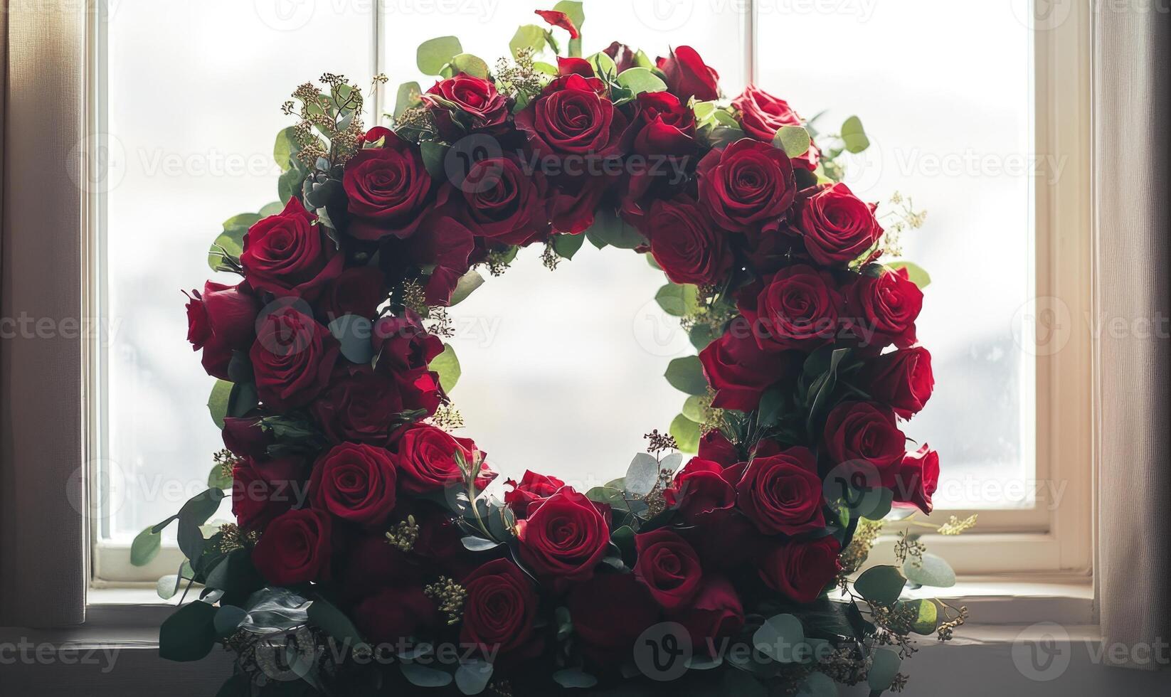 A wreath of red roses sits on a window sill photo