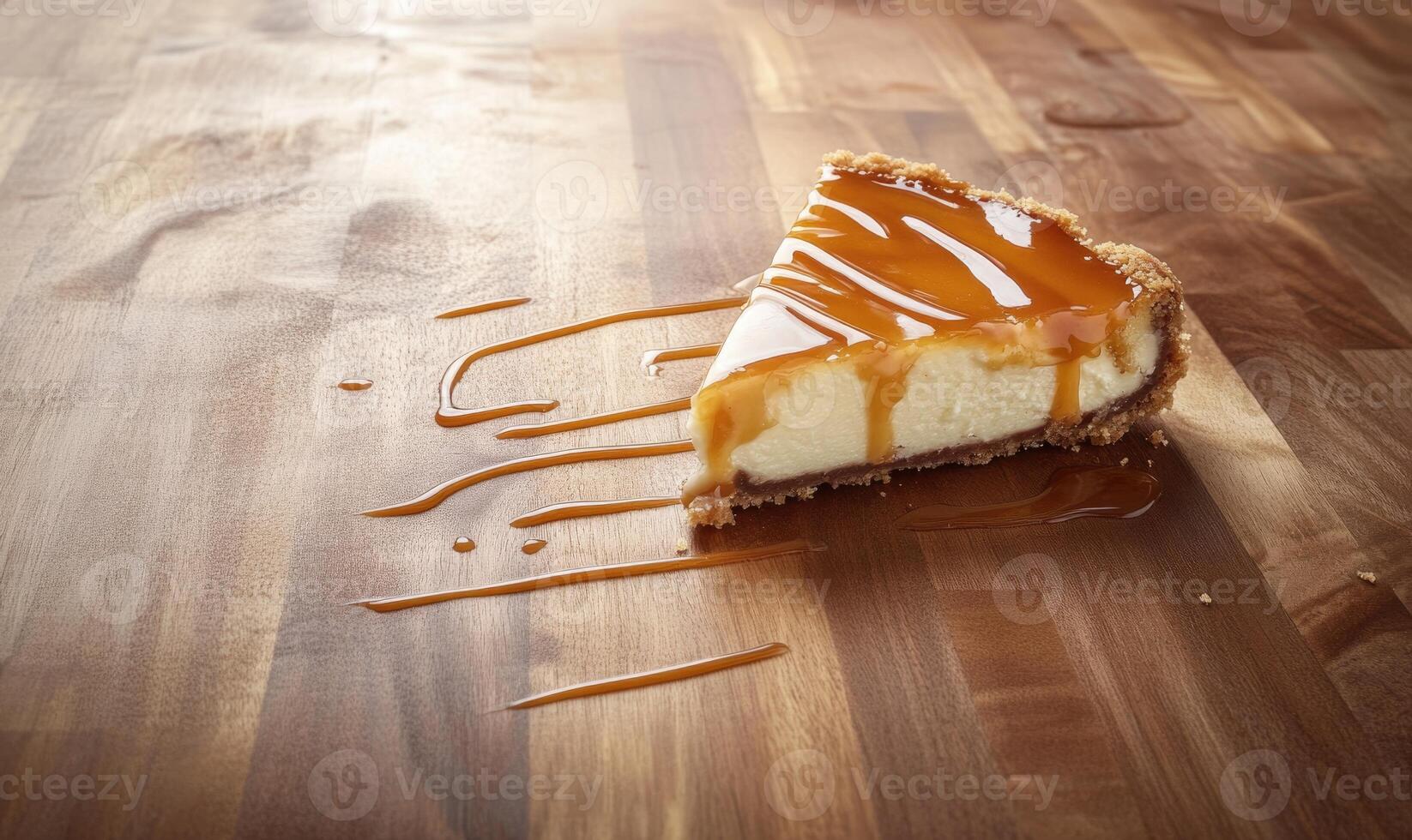 A slice of cheesecake with caramel sauce on top photo
