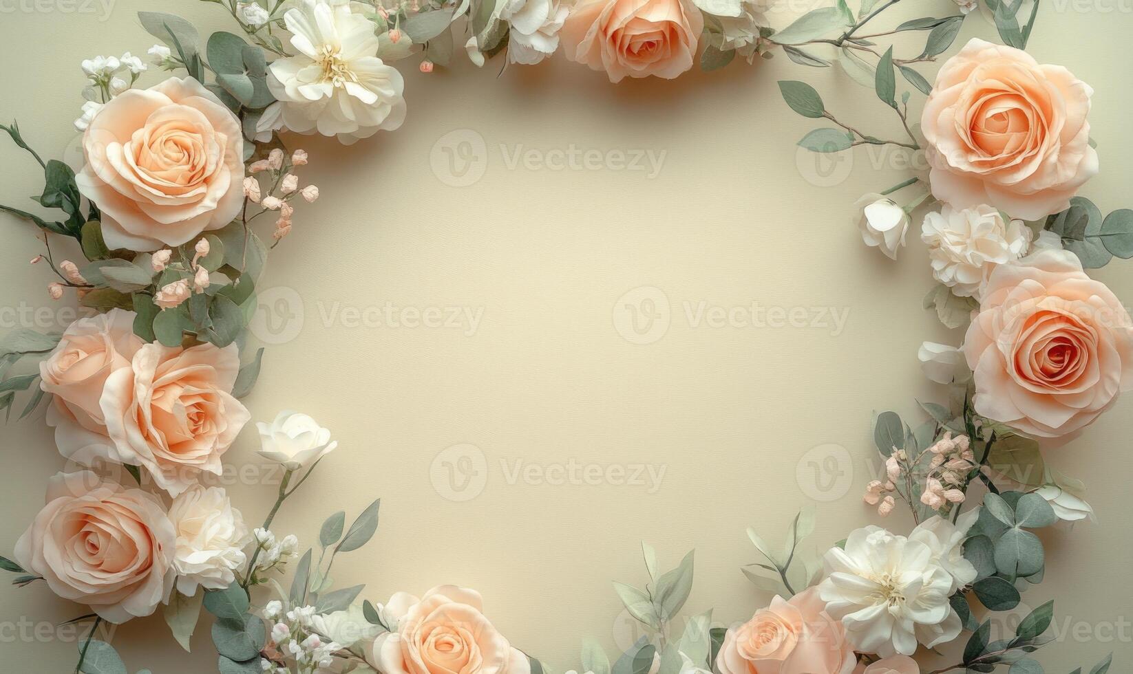A beautiful bouquet of roses and white flowers arranged in a circle photo