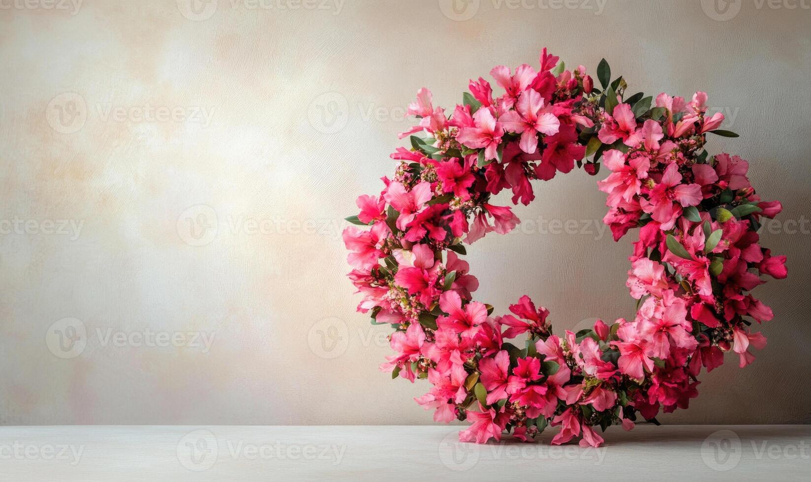 A pink wreath with flowers on it is sitting on a table photo
