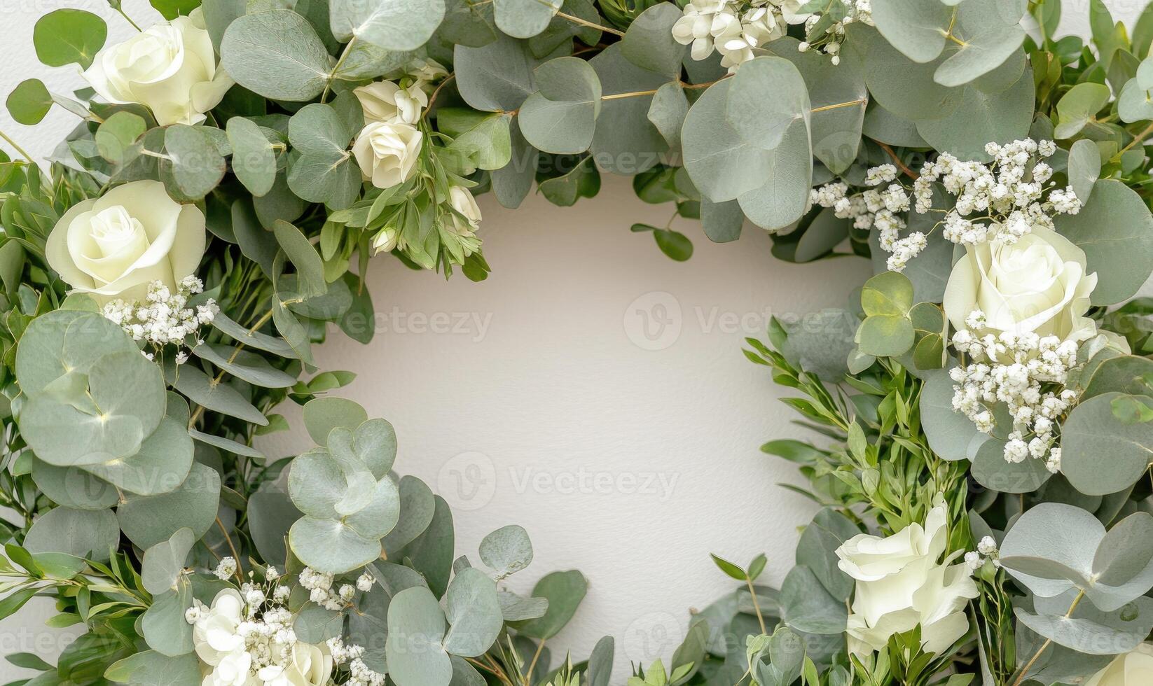 A wreath made of white flowers and green leaves photo