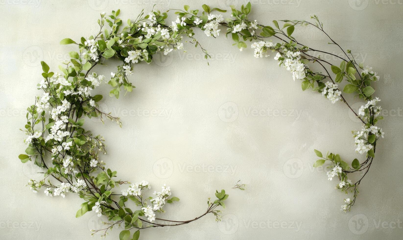 A white flower arrangement with green leaves is hanging from the ceiling photo