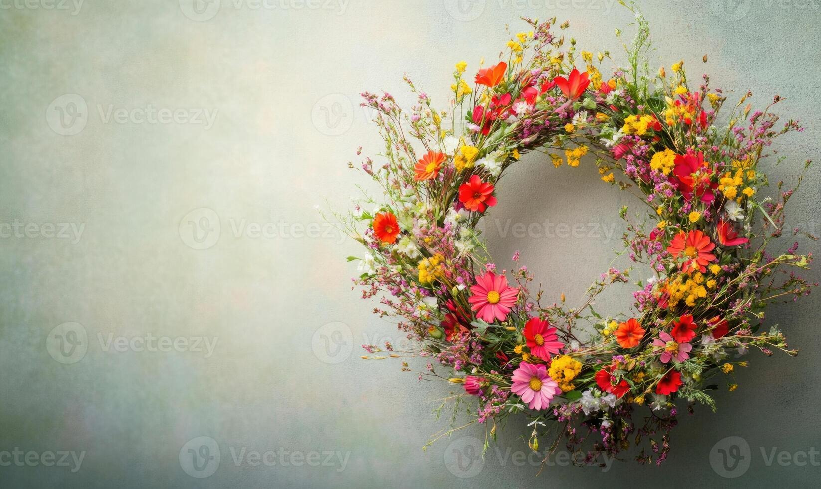 A wreath of flowers with a variety of colors and shapes photo