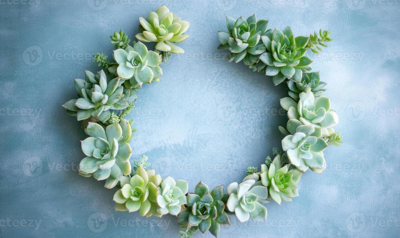 A wreath of succulents is arranged in a circle on a blue background photo