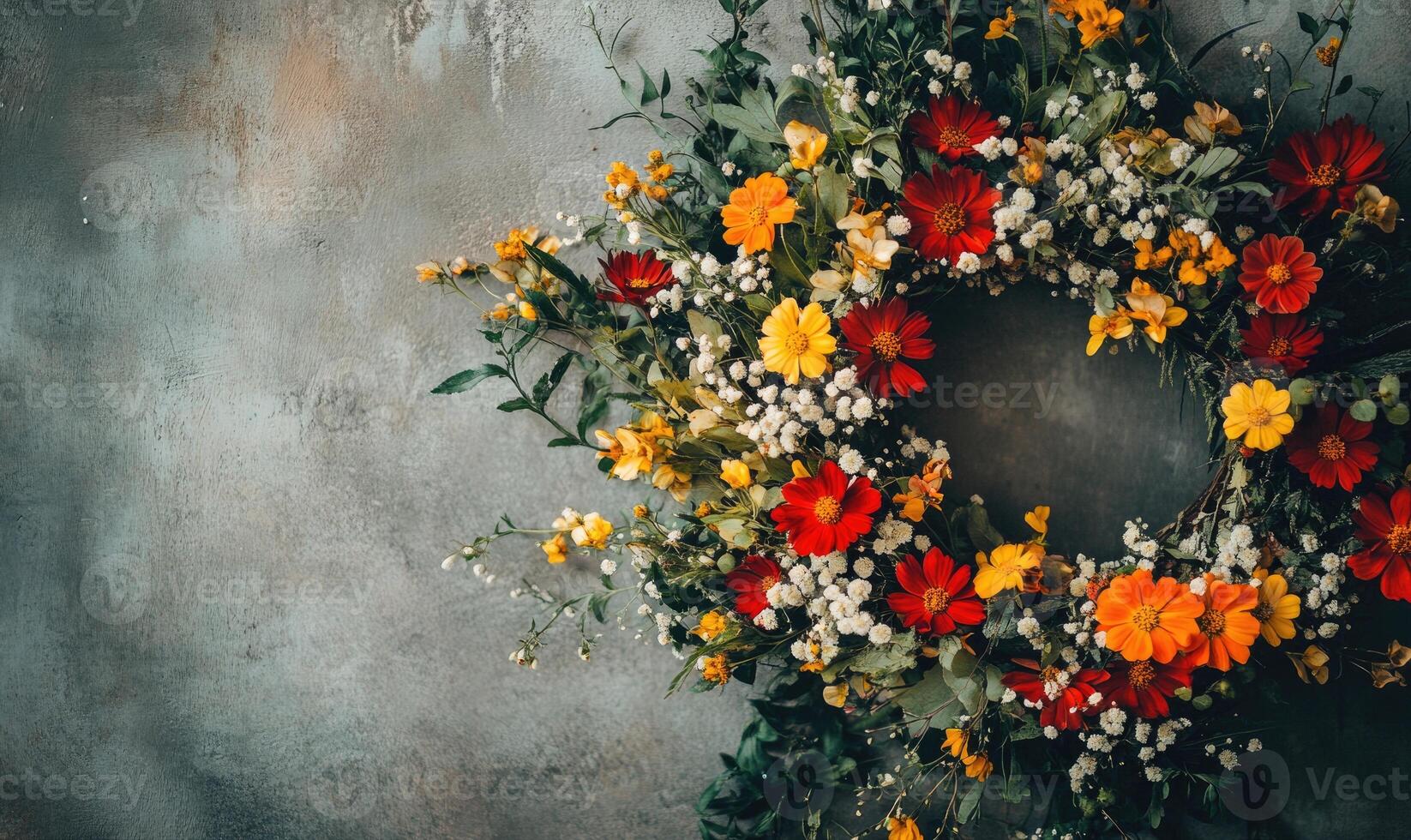 A wreath of flowers is placed on a grey wall photo