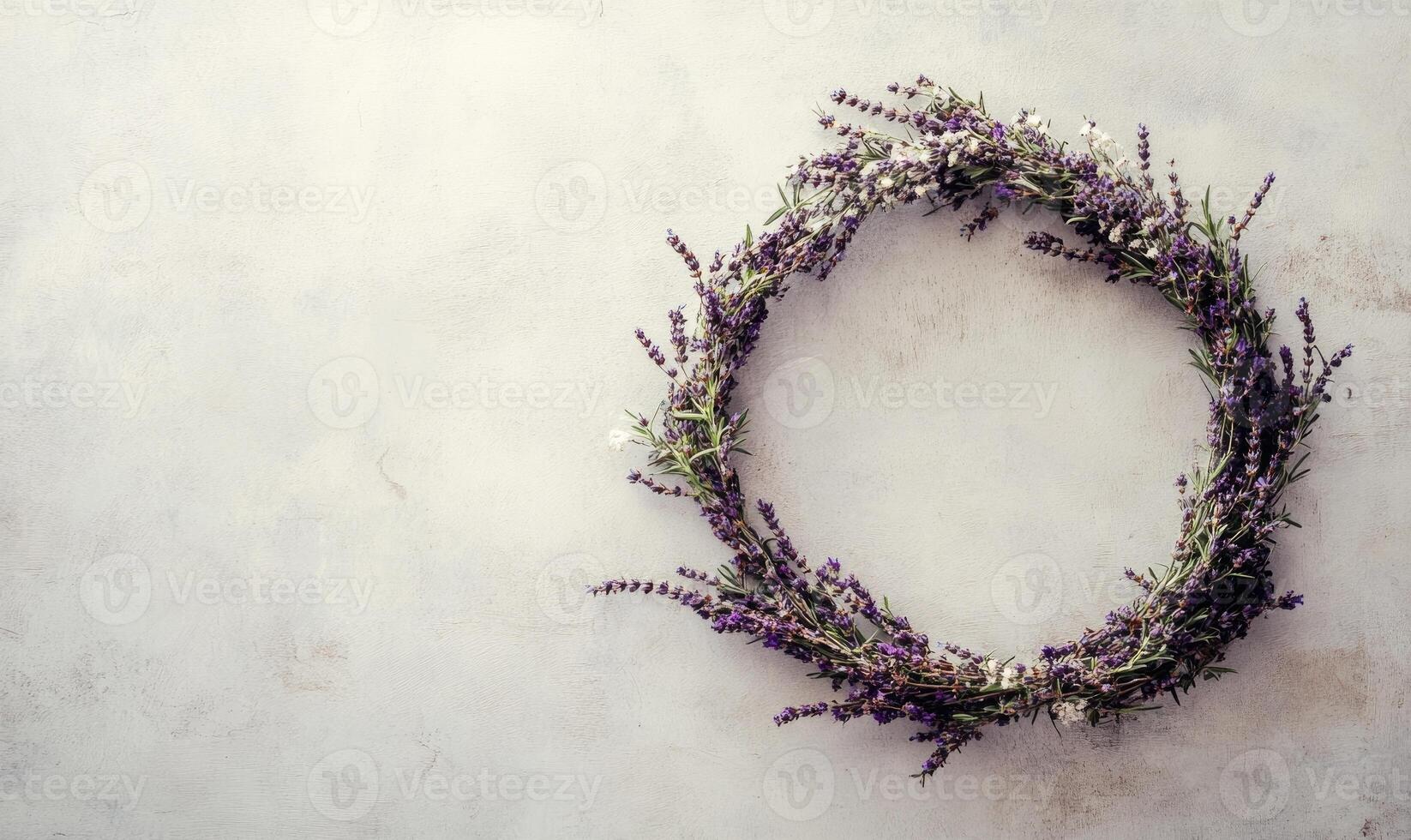 A purple wreath of lavender flowers sits on a white background photo