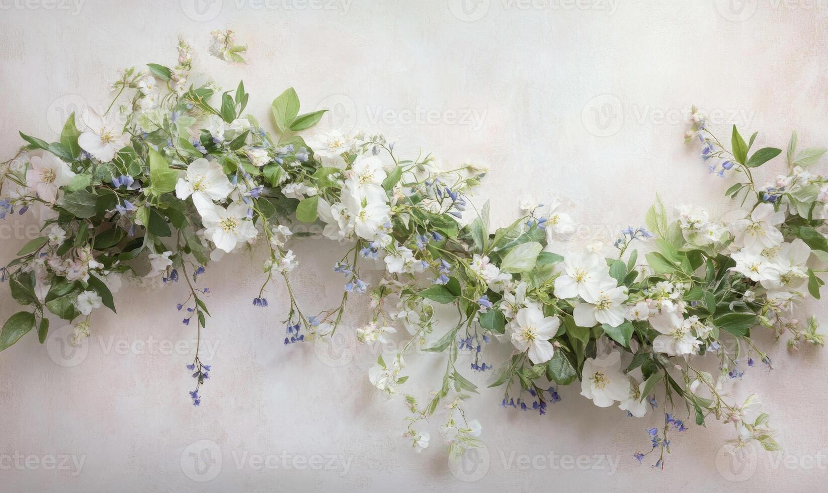 A white flower arrangement with blue flowers is hanging from the ceiling photo