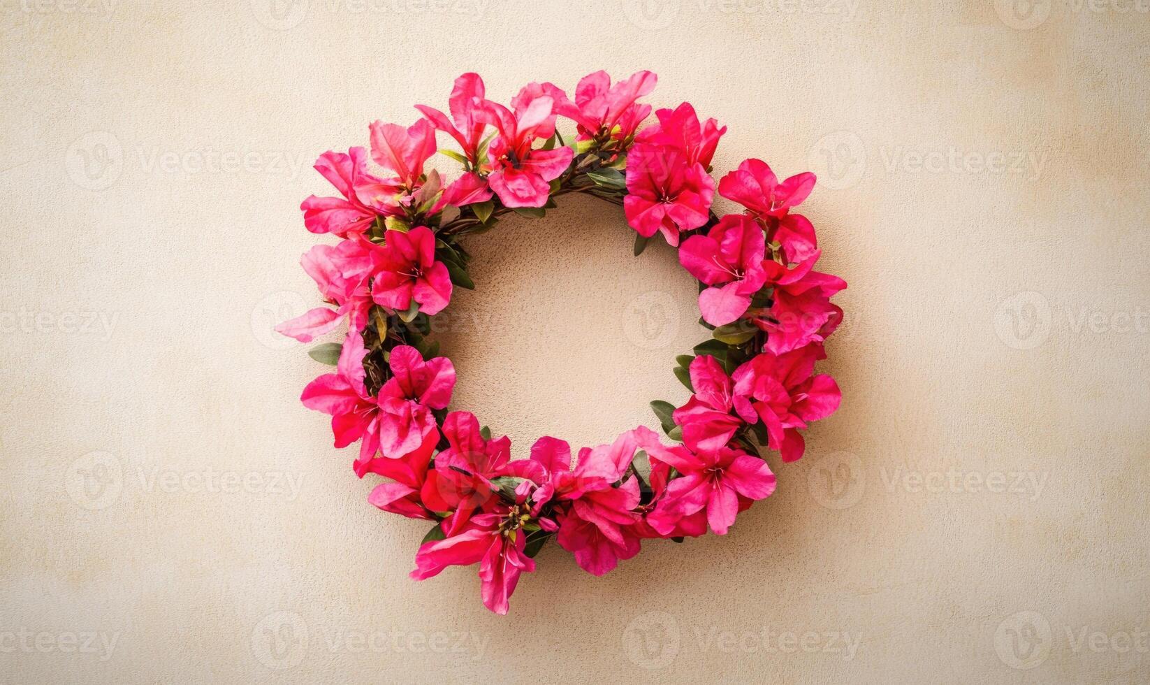 A pink flower wreath with pink flowers on it photo