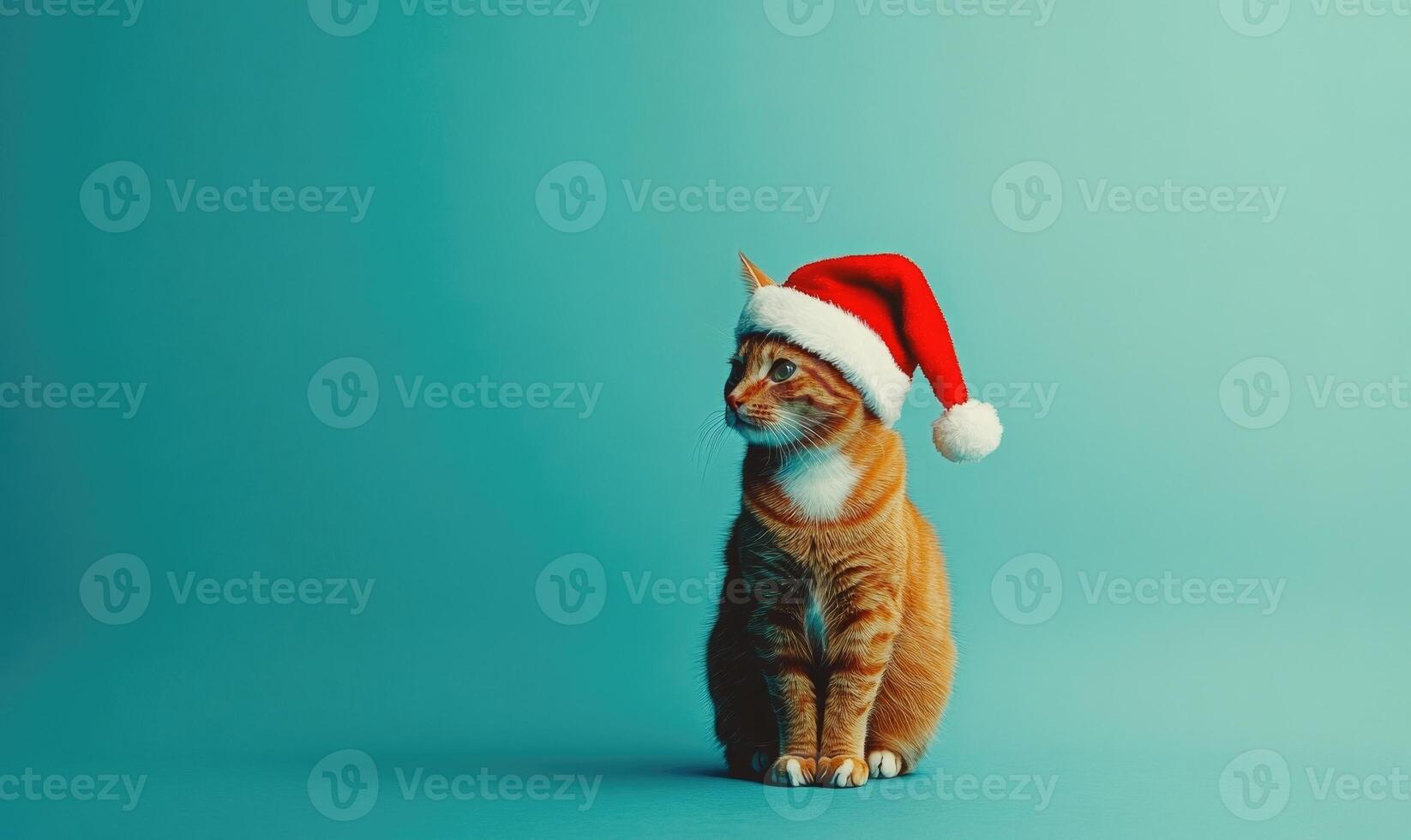 a cat in a Santa hat, blue background, empty space on the right photo