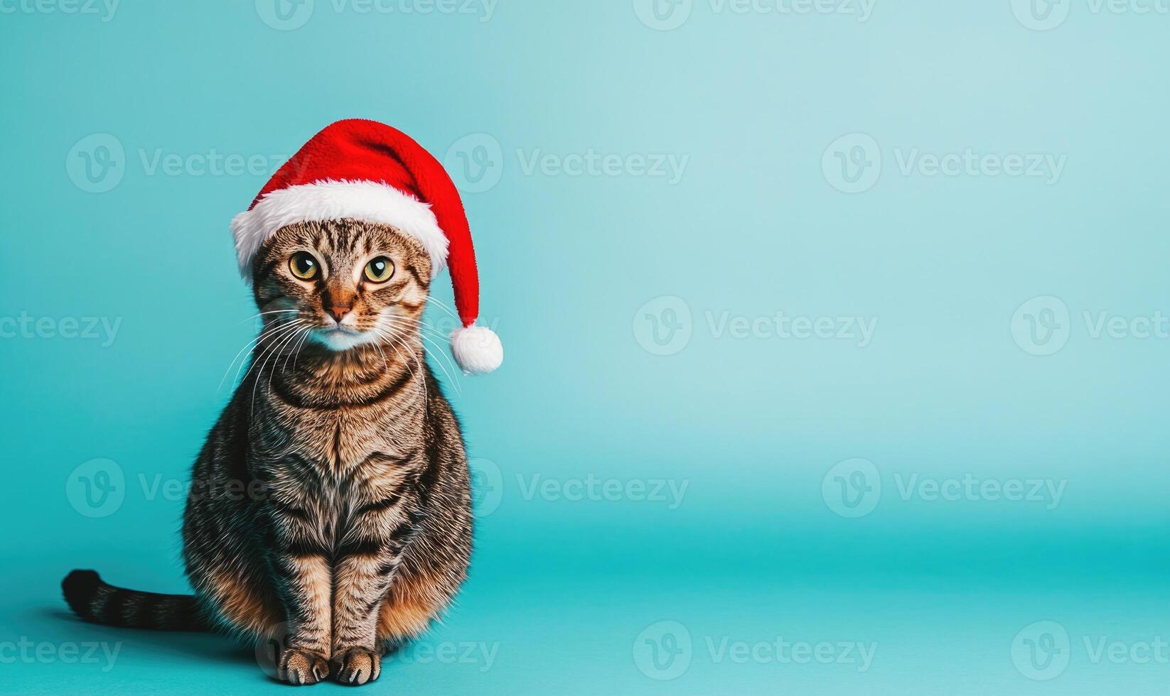 a cat in a Santa hat, blue background, empty space on the left photo