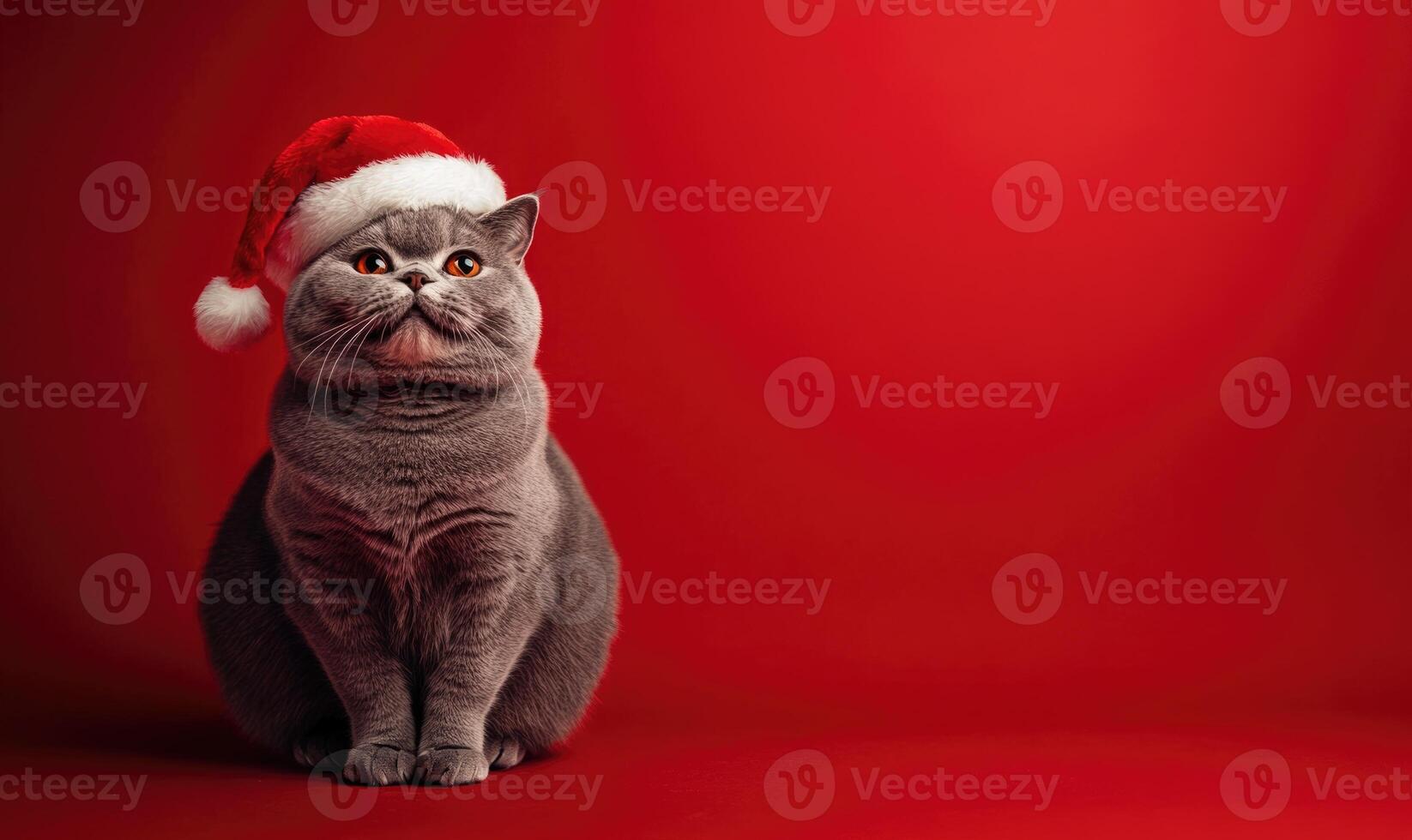 a cat sitting calmly in a Santa hat, red background, empty space on the right side photo