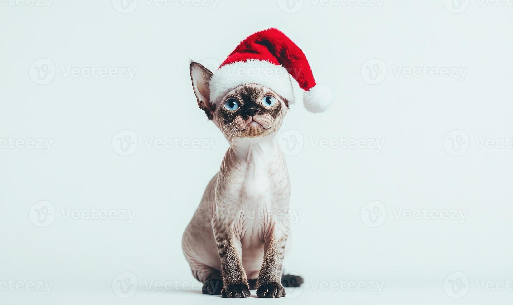a Devon Rex cat in a Santa hat, playful pose, white background photo