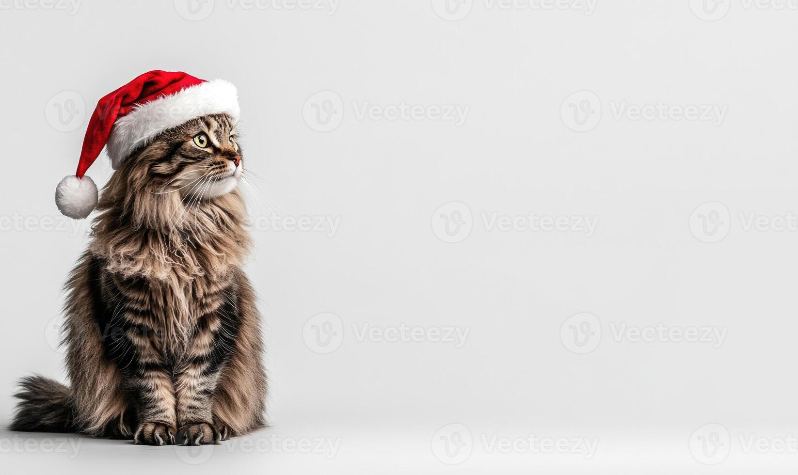 a fluffy cat in a Santa hat, sitting on a neutral light gray background, empty space on the right side photo
