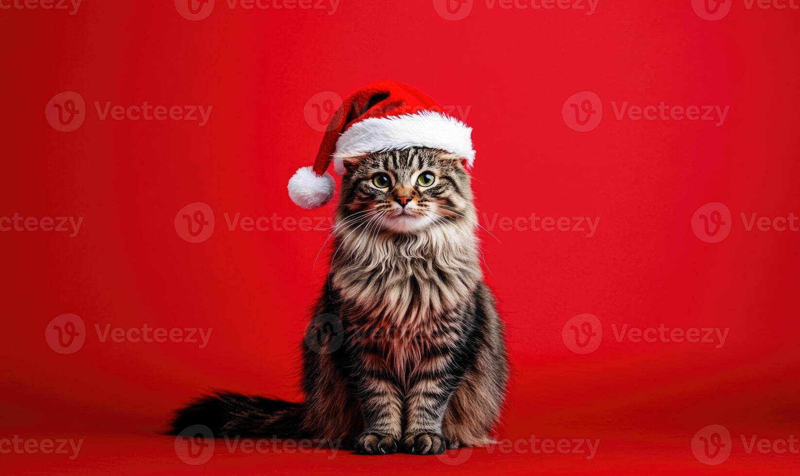 a fluffy cat in a Santa hat, red background, empty space on the right side photo
