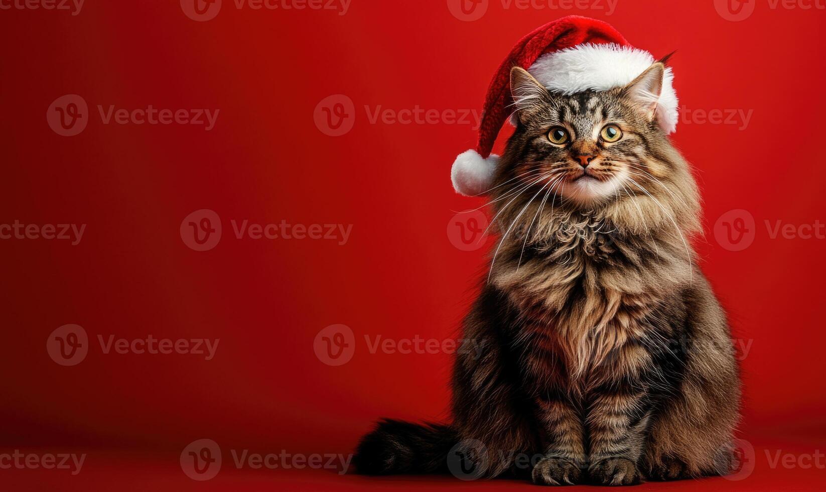 a fluffy cat in a Santa hat, red background, empty space on the right side photo