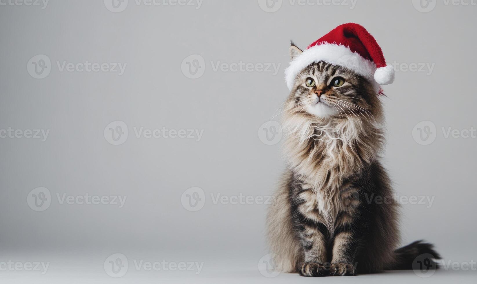 a fluffy cat in a Santa hat, sitting on a neutral light gray background, empty space on the right side photo