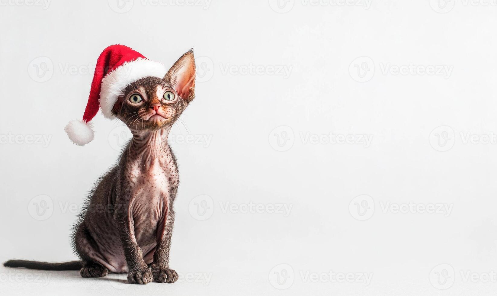 a Lykoi cat in a Santa hat, sitting playfully, white background photo