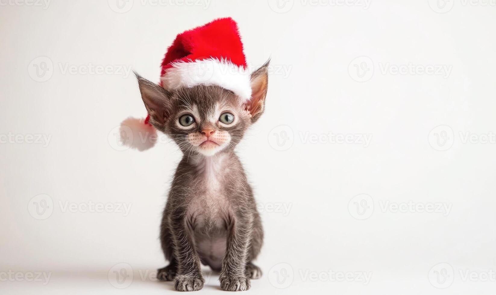 a Lykoi cat in a Santa hat, sitting playfully, white background photo