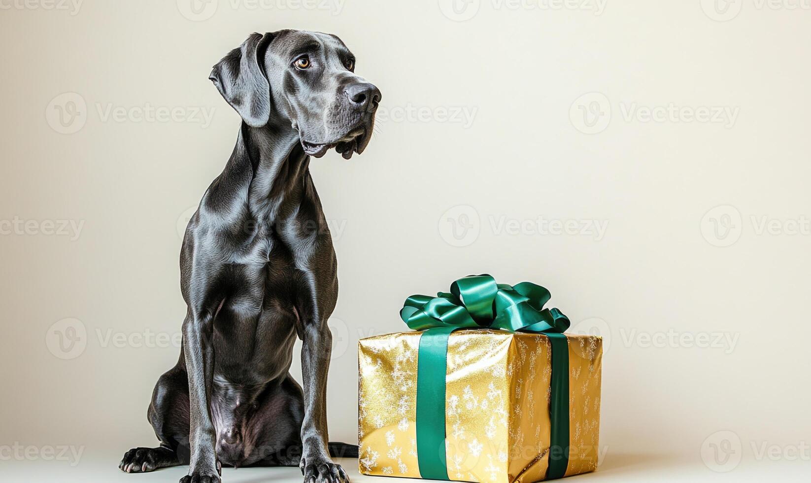 a Great Dane sitting in front of a gold Christmas gift with a green ribbon photo