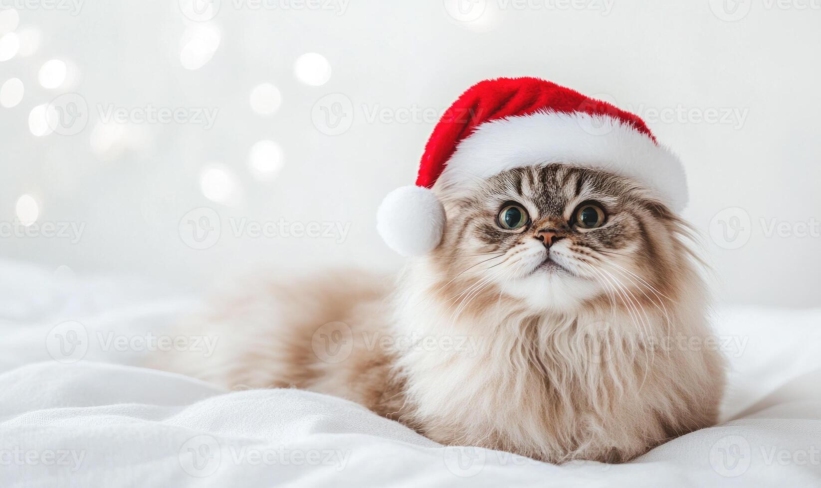 a Persian cat wearing a Santa hat, fluffy and relaxed, white background, empty space on the left photo