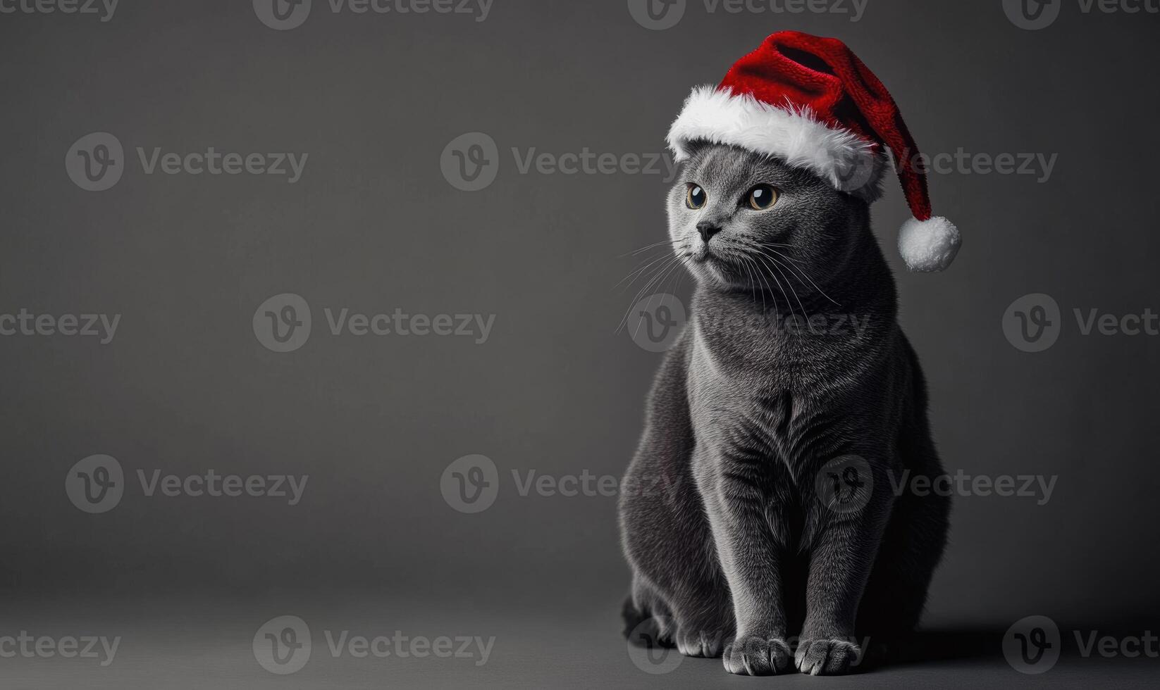 a Russian Blue cat in a Santa hat, sitting calmly, gray background, empty space on the left photo