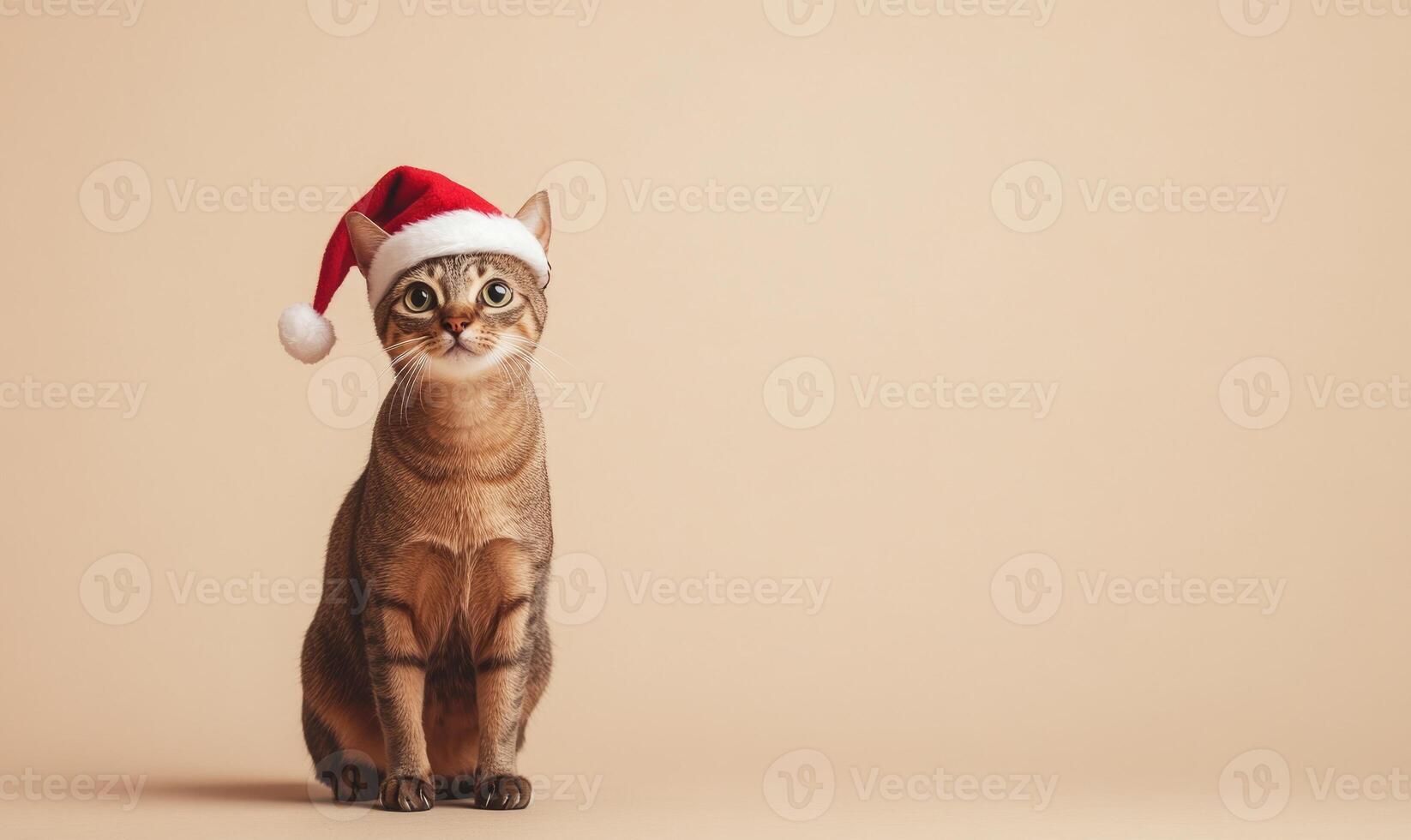 a Singapura cat wearing a Santa hat, beige background, empty space on the left side photo