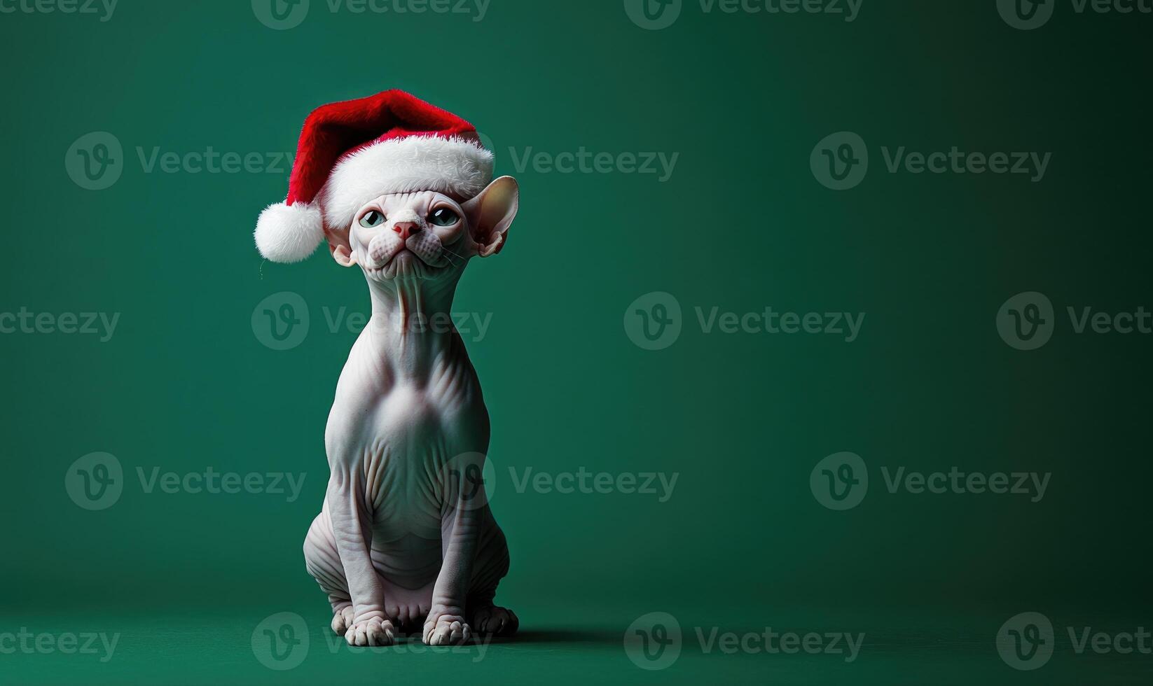 a Sphynx cat wearing a Santa hat, green background, empty space on the left side photo