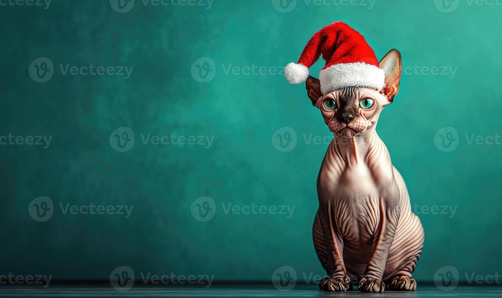 a Sphynx cat wearing a Santa hat, green background, empty space on the left side photo