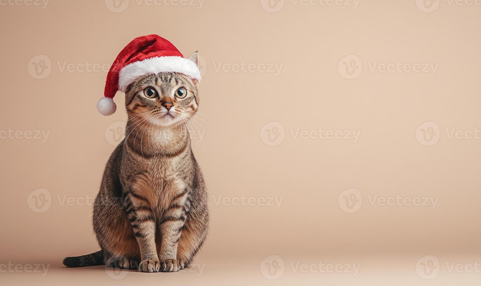a Singapura cat wearing a Santa hat, beige background, empty space on the left side photo