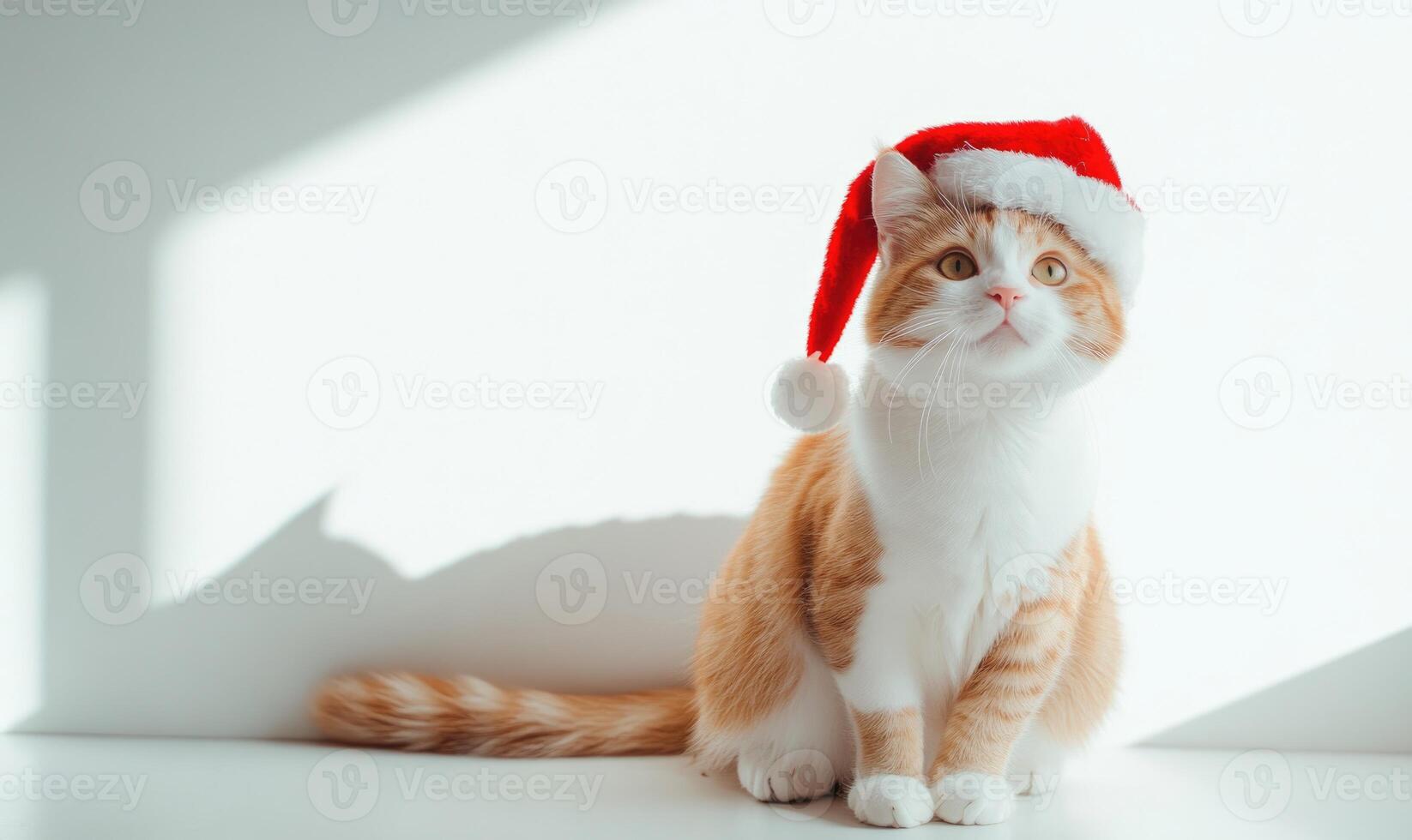 a Turkish Van cat wearing a Santa hat, white background, empty space on the left photo
