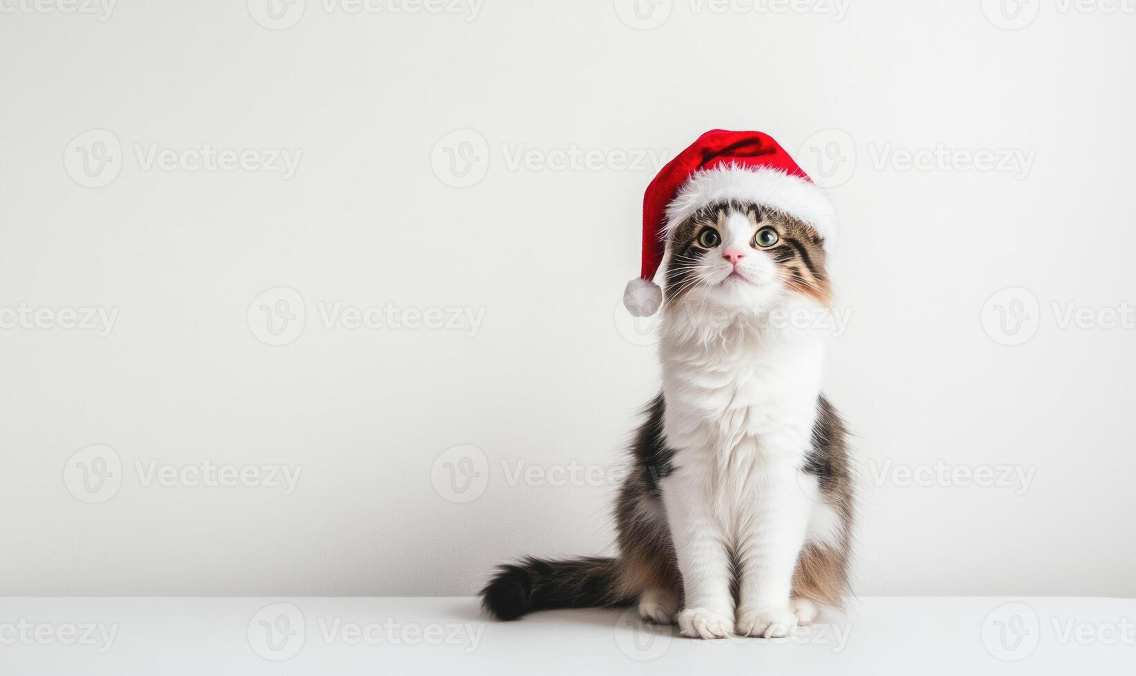 a Turkish Van cat wearing a Santa hat, white background, empty space on the left photo