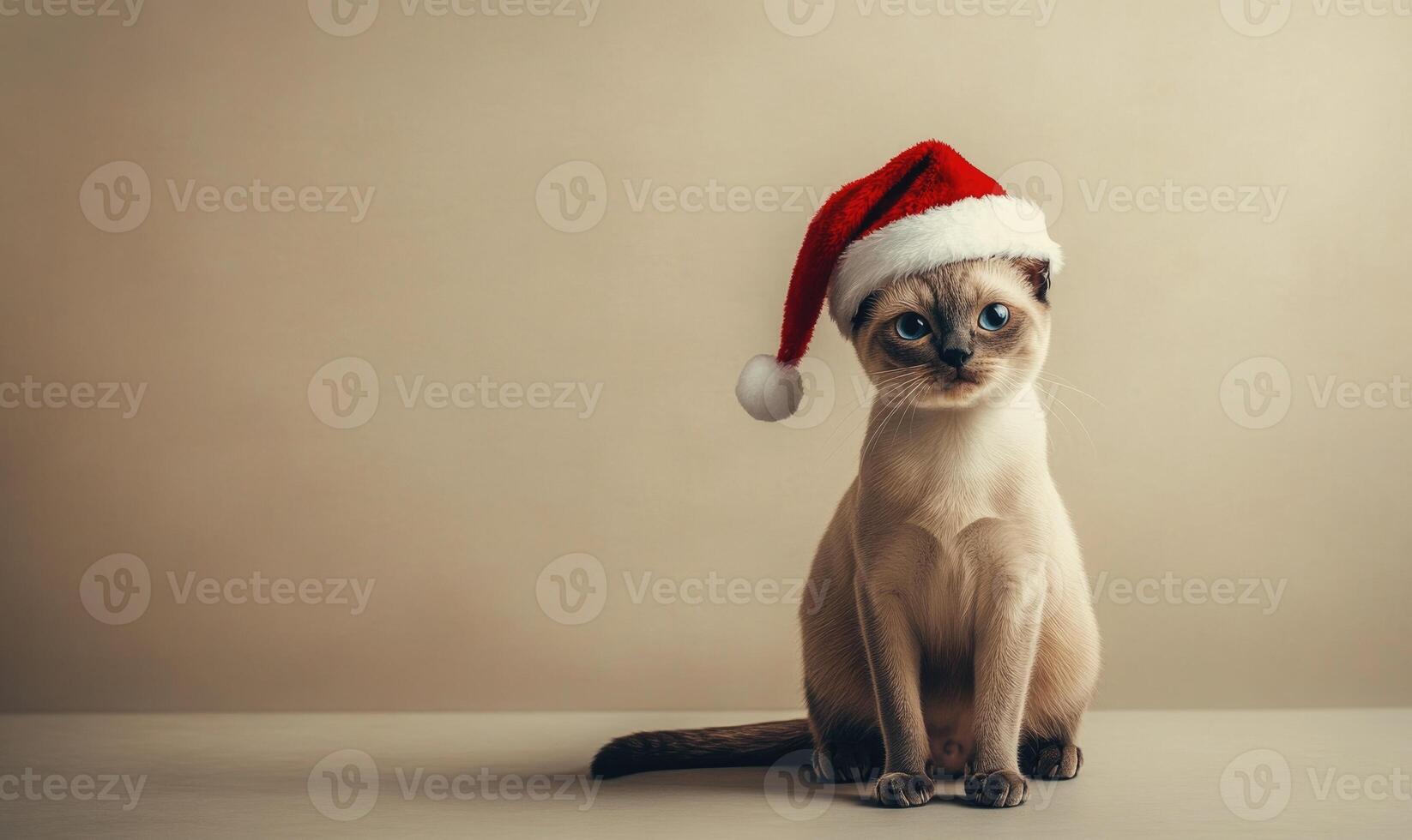 a Tonkinese cat wearing a Santa hat, beige background, empty space on the left photo