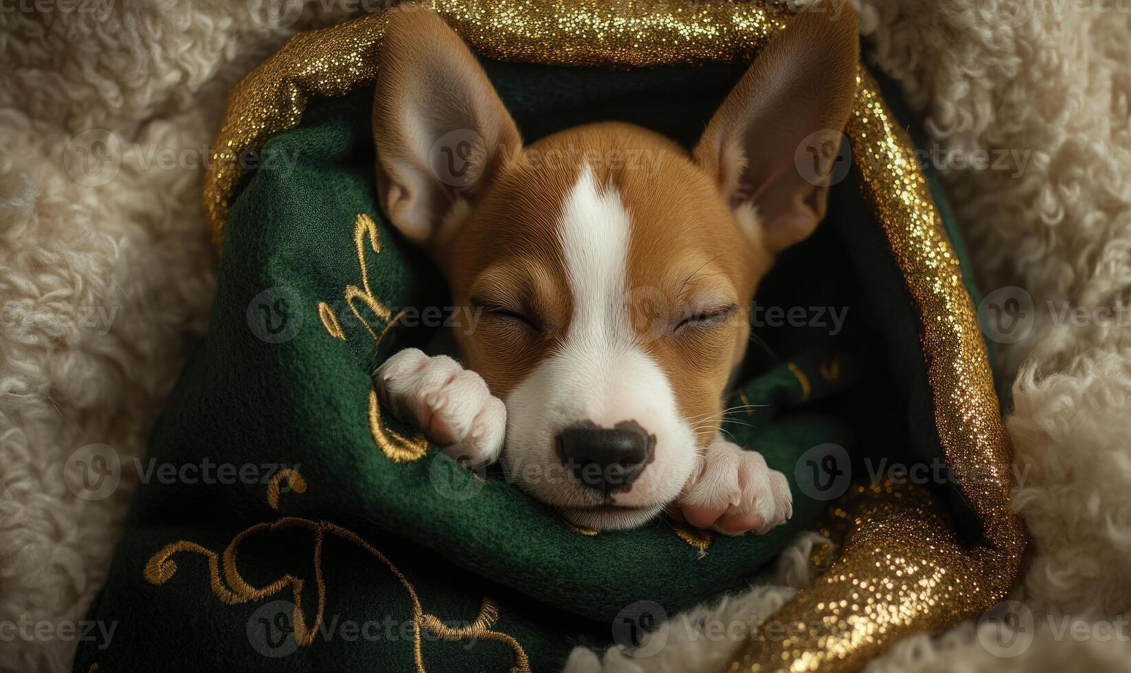 a Basenji puppy snuggled in a Christmas stocking, green stocking with gold trim photo