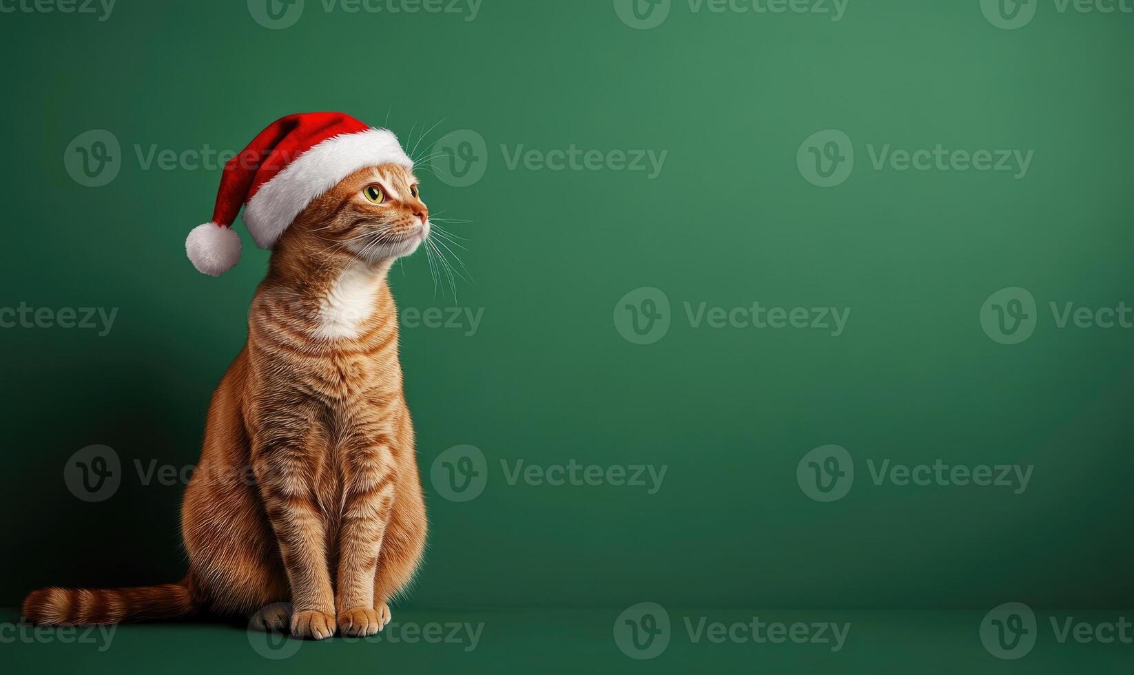 a cat sitting calmly in a Santa hat, green background, empty space on the right side photo