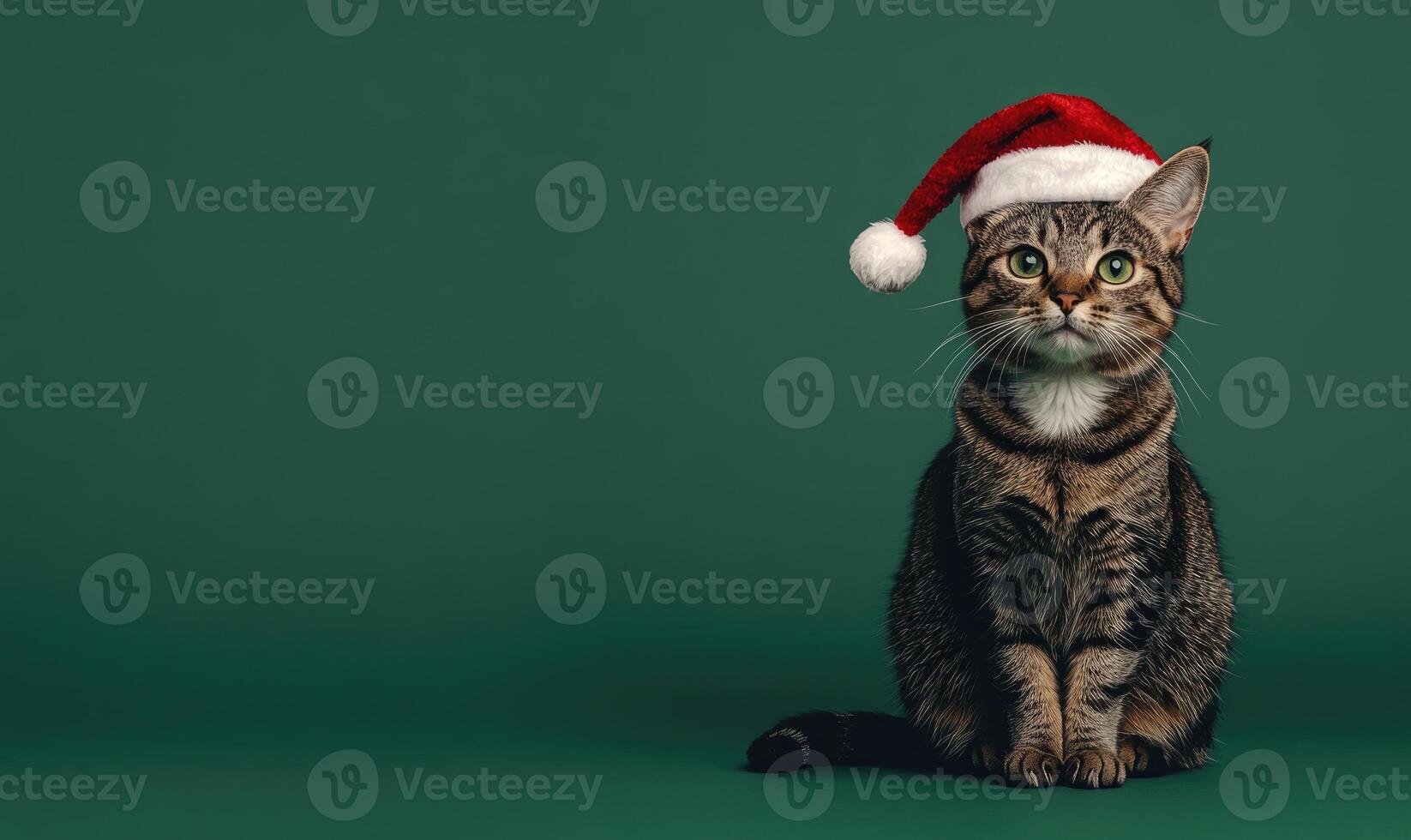 a cat sitting calmly in a Santa hat, green background, empty space on the right side photo