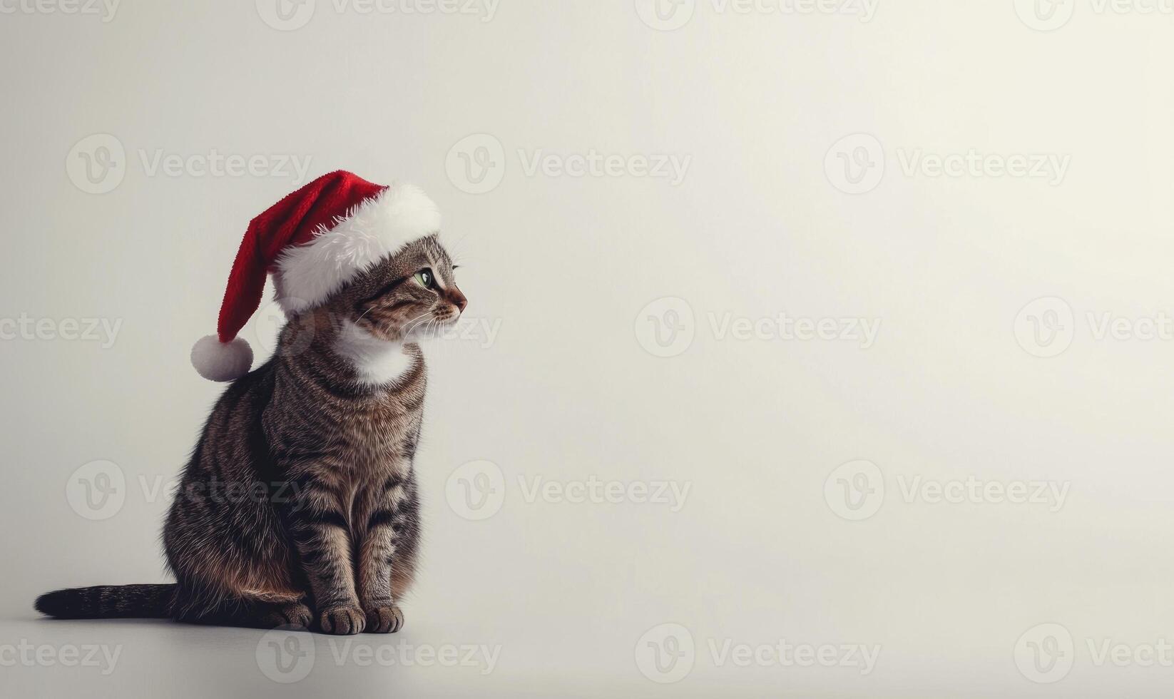 a cat sitting in a Santa hat, white background, empty space on the left side photo