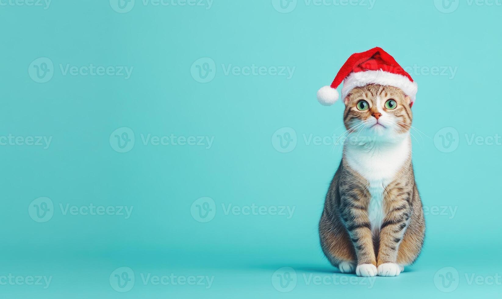 a cat wearing a Santa hat, light blue background, empty space on the left side photo