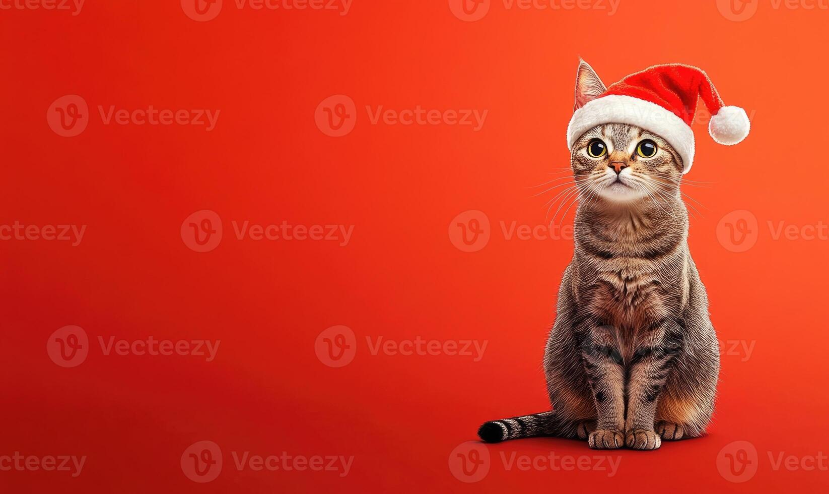 a cat wearing a Santa hat, sitting with a curious expression, red background photo
