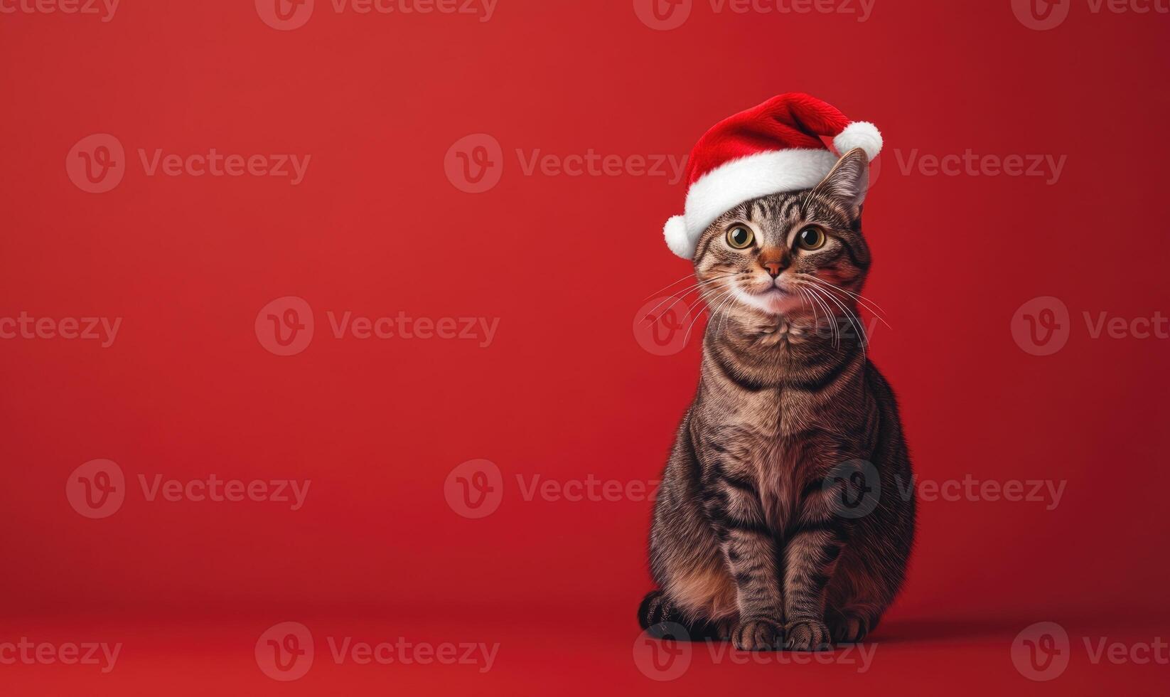a cat wearing a Santa hat, sitting with a curious expression, red background photo
