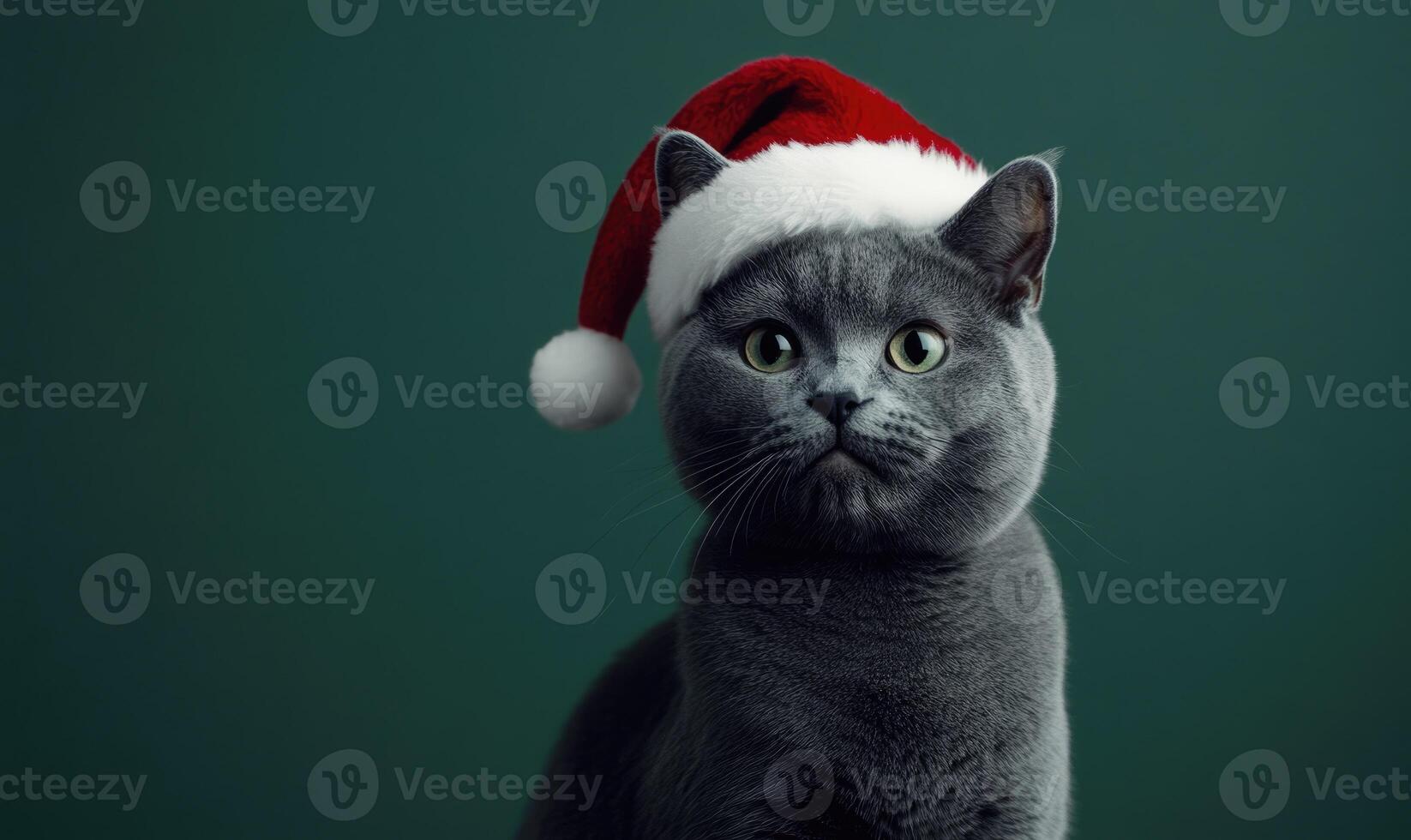 a Chartreux cat in a Santa hat, green background, empty space on the right side photo