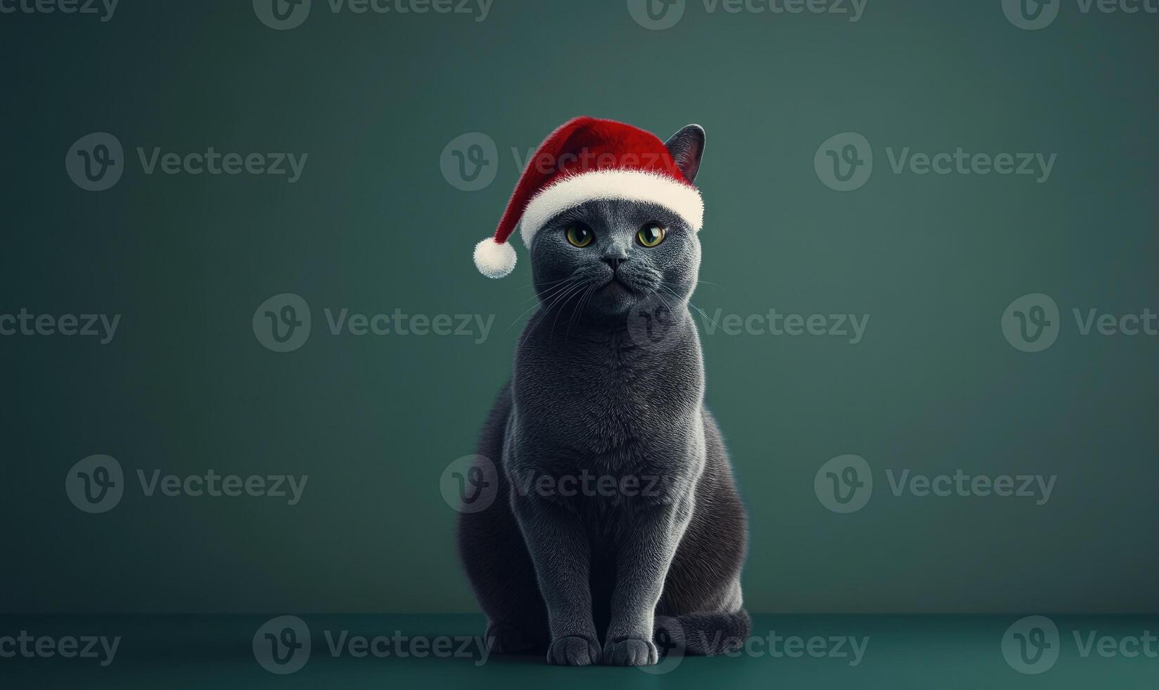 a Chartreux cat in a Santa hat, green background, empty space on the right side photo