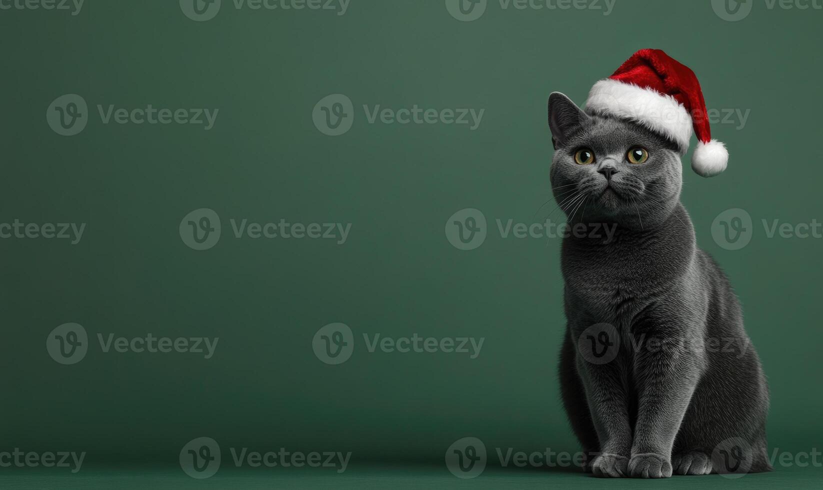 a Chartreux cat in a Santa hat, green background, empty space on the right side photo