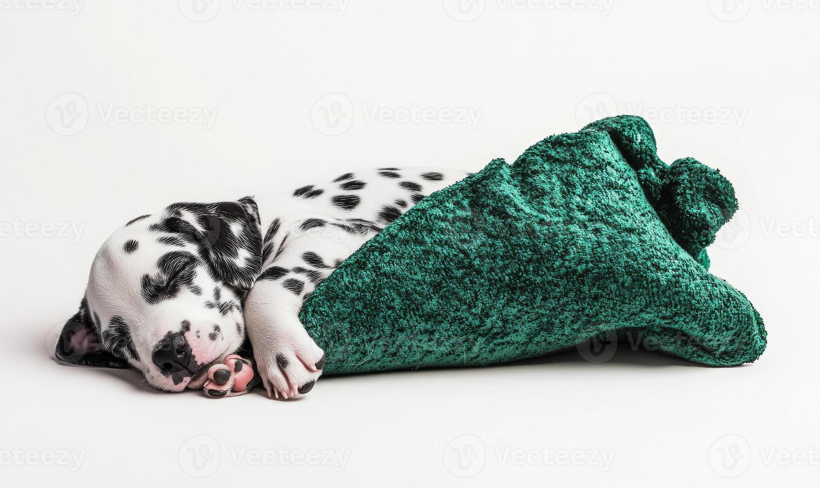 a Dalmatian puppy asleep inside a green Christmas stocking photo