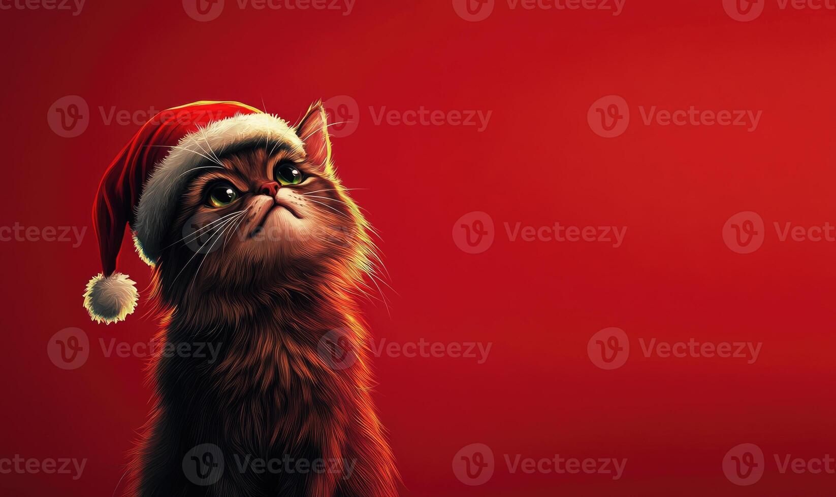 a fluffy cat in a Santa hat, red background, empty space on the right side photo