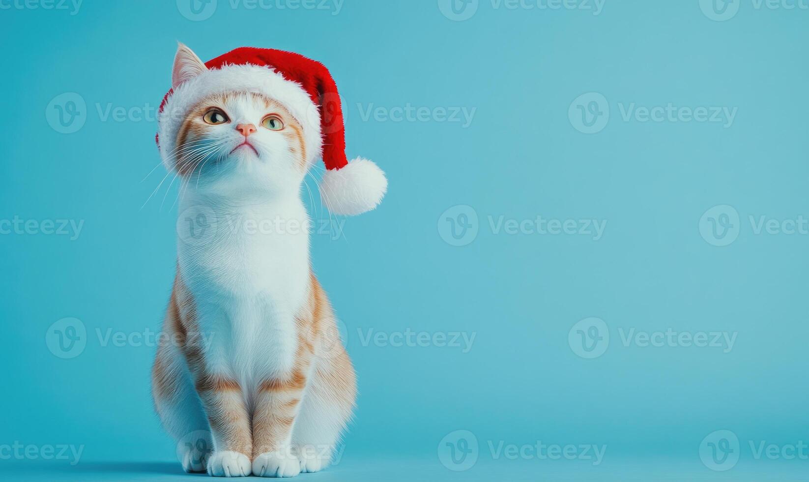 a Japanese Bobtail cat in a Santa hat, blue background, empty space on the right side photo