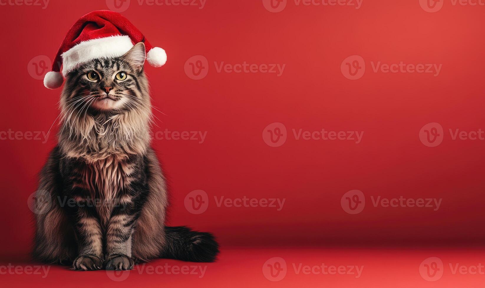 a Maine cat in a Santa hat, red background, empty space on the right photo