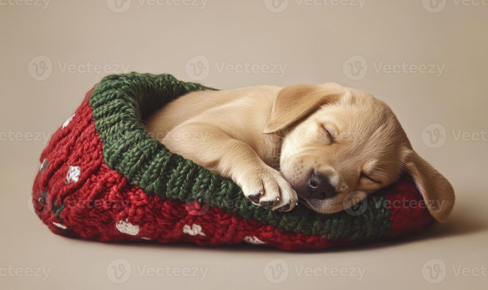 a Labrador Retriever puppy curled up in a red and green Christmas stocking photo