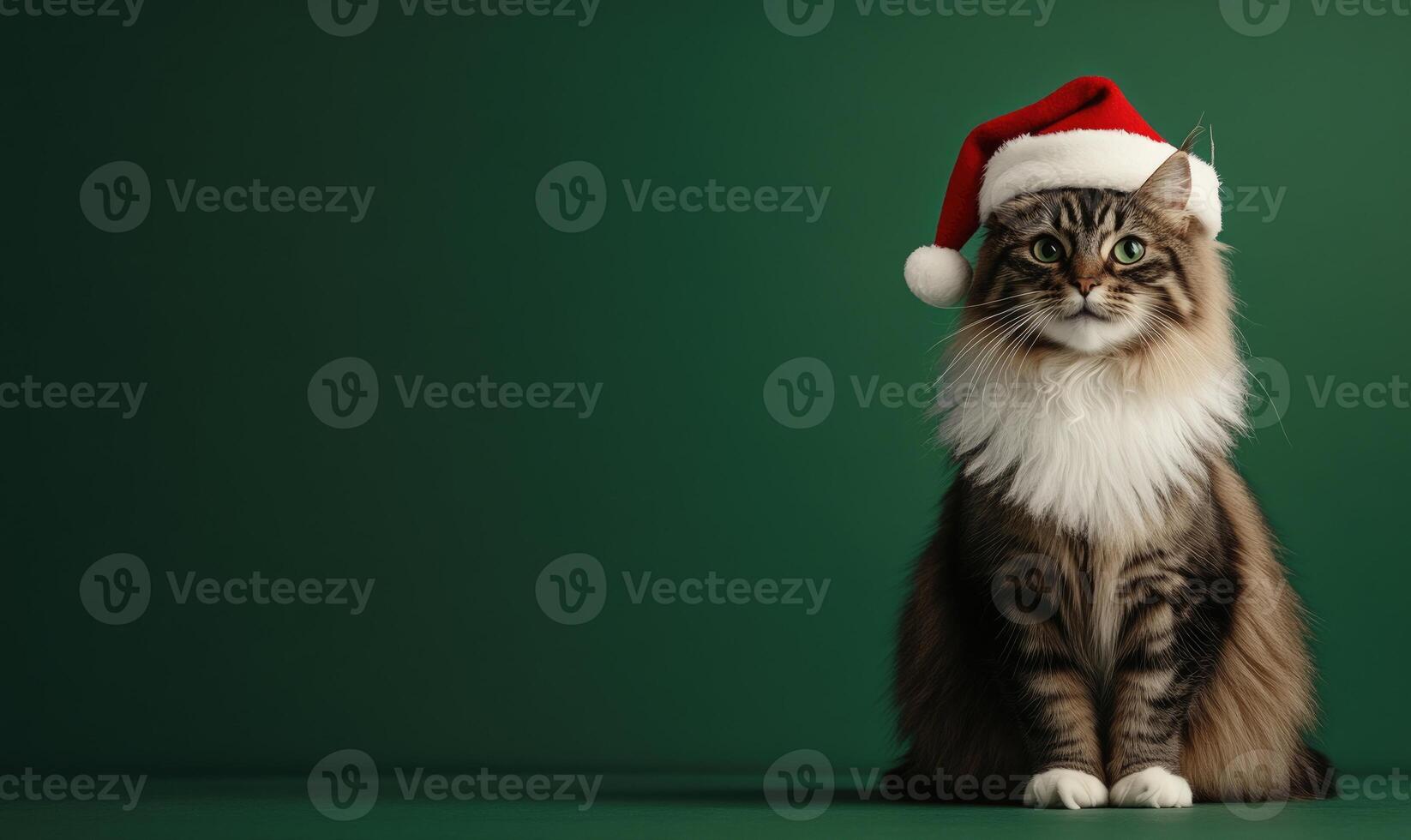 a Norwegian Forest cat in a Santa hat, green background, empty space on the right photo
